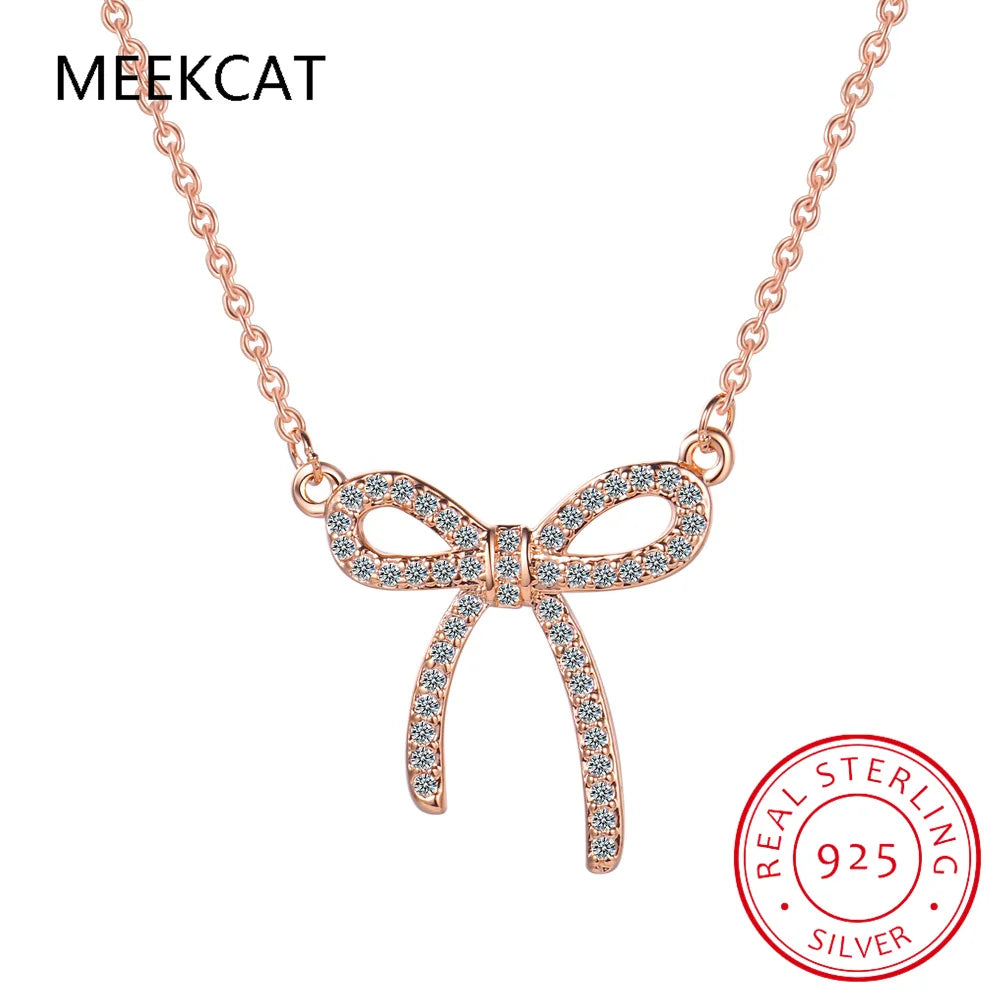 Pass Diamond Test Lab Moissanite Total 0.5 Carat Bow Necklace Pendant 925 Sterling Silver Platinum Plated Luxury Jewelry