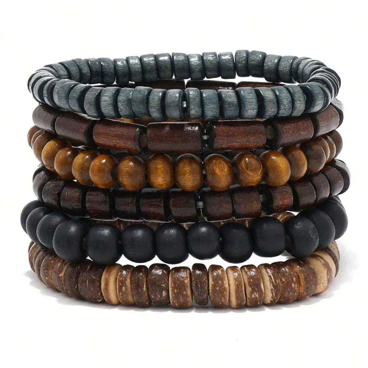 6PCS  Wodeen Braided Wrap Leather Bracelet for Men Vintage Life Wood Beads Fashion Male Armband
