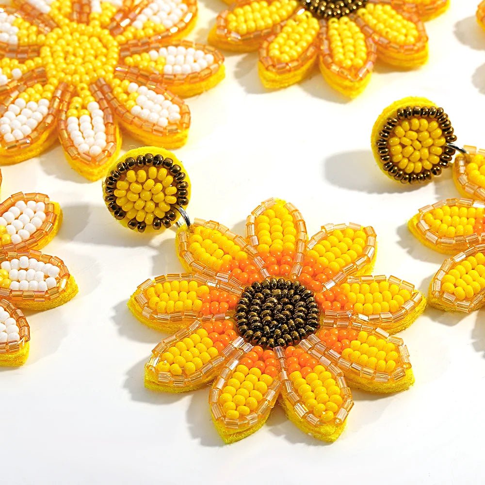 AENSOA Handmade Yellow Beaded Sunflower Drop Earrings for Women Girls Statement Seed Bead Floral Dangle Earrings Party Jewelry