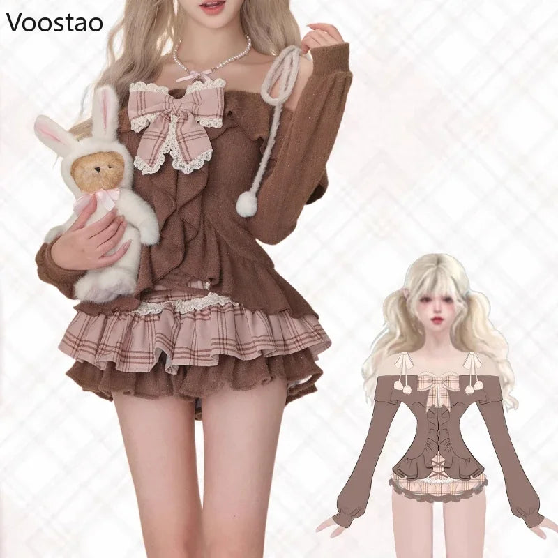 Japanese Sweet Lolita 2 Piece Sets Women Retro Off Shoulder Bow Blouse Tops Plaid Cake Mini Skirt Girls Kawaii Y2k Slim Outfits