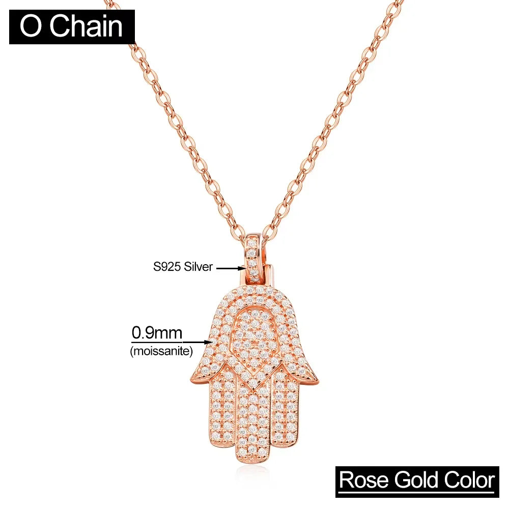 Serenity All Moissanite Necklace for Women Men Gift Hamsa Pendant Neck Chain Pure 925 Silver Hip Hop Jewelry 18K Plated Necklace