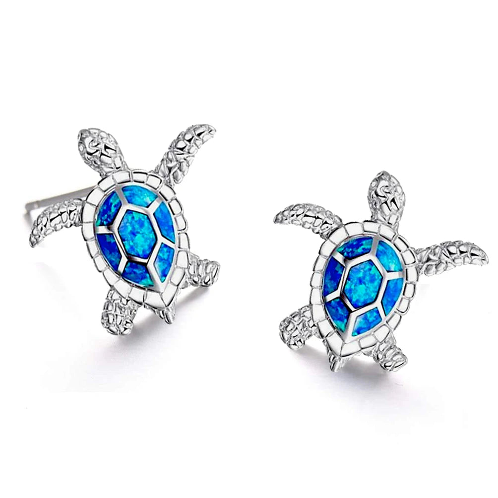Boho Cute Sea Turtle Stud Earrings For Women Fashion Imitation Blue Fire Opal Earrings For Women Wedding Band Jewelry Gifts