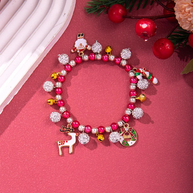 Christmas Multicolor Beads Beaded Bracelet For Women Shiny Crystal Zircon Elk Bell Star Imitation Pearl Bangle New Year Jewelry