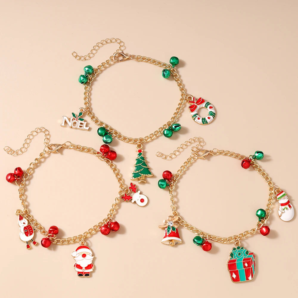 3pcs/set Fashion Christmas Bracelet Bells Santa Clause Snowman Bracelets Girls X'mas New Year Jewelry  Gift