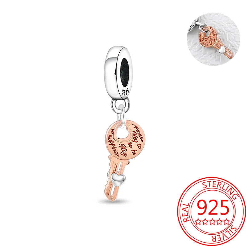 925 Sterling Silver Real Rose Gold Pink Octopus Summer Turtle Heart Dangle Charm Fit Original Bracelet Necklaces Bracelet Girl