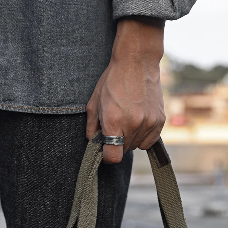 Retro Traces Strip Ring For Men Silver Color Punk Gothic Rock Hiphop Open Ring Biker Accessories Handmade Jewelry Unisex Gift