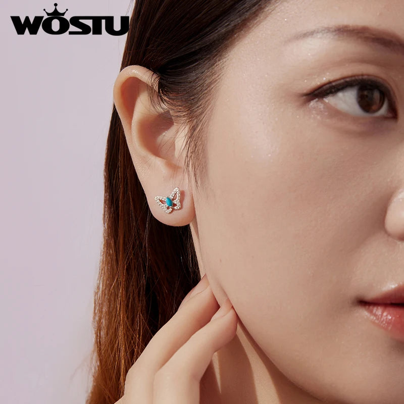 WOSTU 925 Sterling Silver Turquoise and CZ Butterfly Stud Earrings For Women, Nature Theme Insects Dangle Earrings for Women
