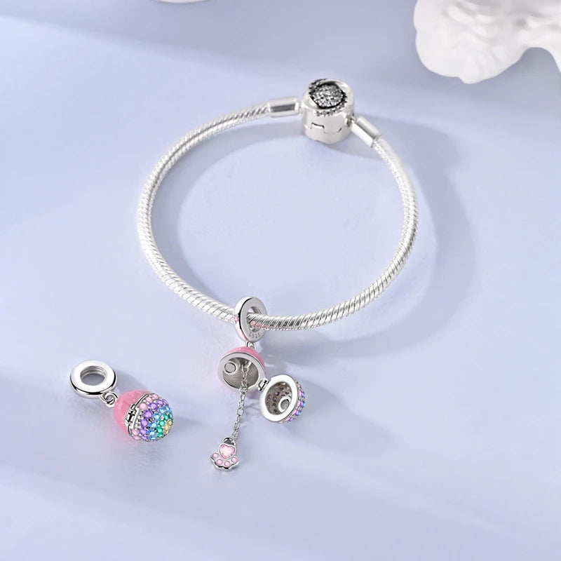 Fit Original 925 Sterling Silver Charms Beads Luminous Easter Egg Pink Baskets Charms for Women Fine DIY Birthday Jewelry Gifts