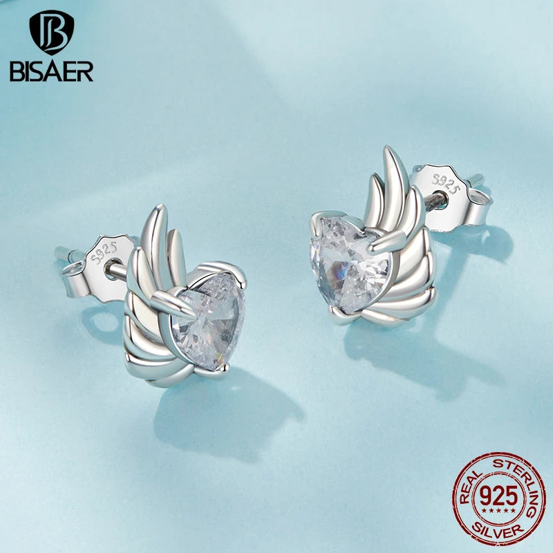 BISAER Real 925 Sterling Silver Wing Stud Earrings Heart Zircon Hypoallergenic Earrings for Women Party Weedding Fine Jewelry