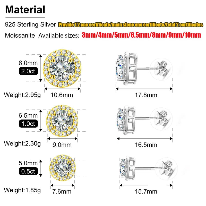Boucles d'oreilles unisexes TUHE en moissanite VVS1, argent 925, bijoux fins, 3 mm/4 mm/5 mm, cadeau idéal pour femme
