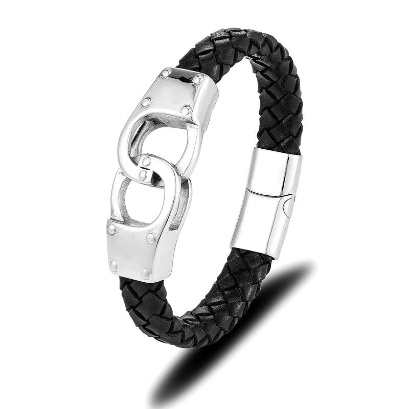 Handcuff Bracelet for Men High Quality Stainless Steel Genuine Leather Couple Bracelet Unique Menottes Bijoux Gift for Him