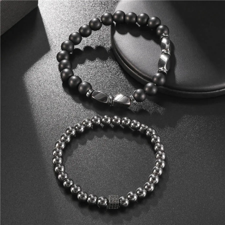 Stylish Men Bracelet Set Luxury Zirconia Wrap Braslet Black Onyx Hematite Healing Braclet Birthday Gift For Boyfriend Beaded