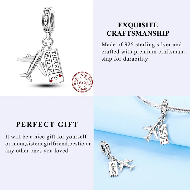 Original Charms Pendant Real S925 Sterling Silver Travel Luggage Airplane Charms Beads for Women Fine Jewelry Gift Making