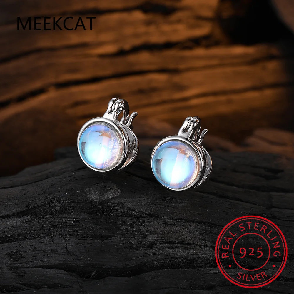 925 Sterling Silver Round Moonstone Ear Buckles Double Layer Circle Hoop Earring Aretes for Women Fine Jewelry Birthday Gift