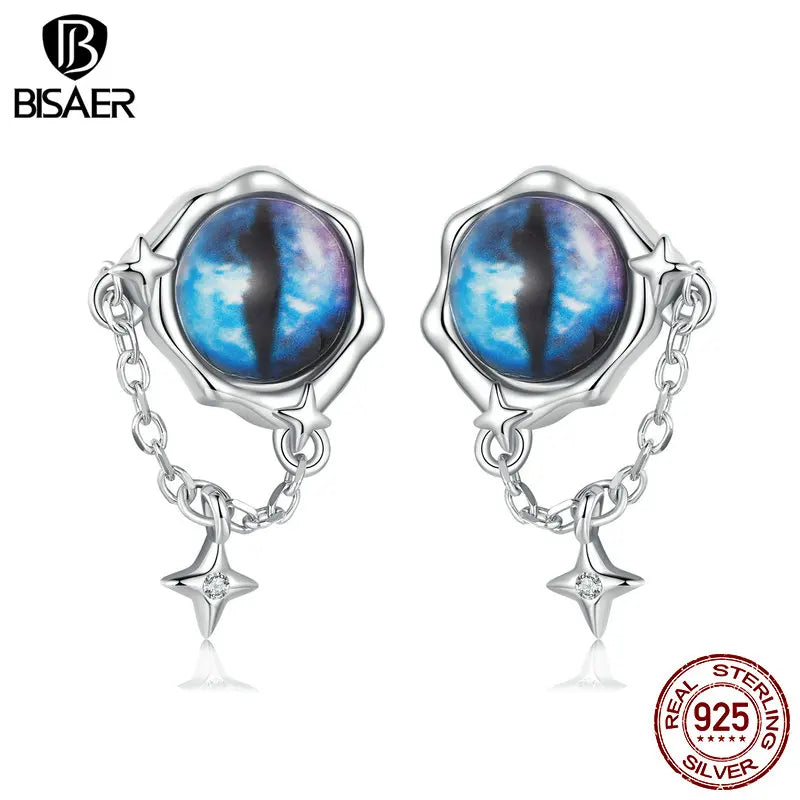 BISAER Boucles d'oreilles à tige en argent sterling 925 véritable avec œil du diable bleu et pampilles en forme d'étoile plaquées or blanc pour femme, bijoux fins de fête