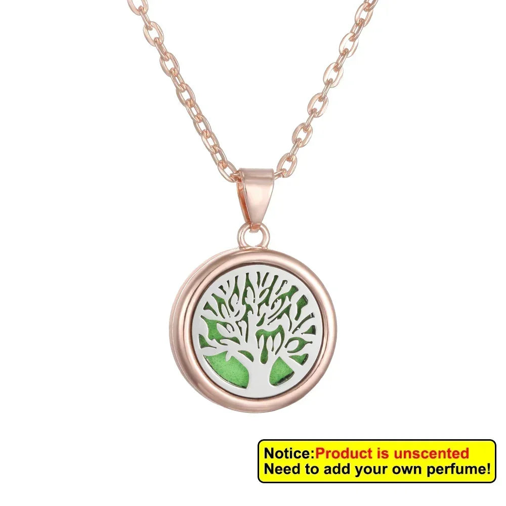 2025 New Tree of Life Aromatherapy Necklace Golden Rose Color Open Locket Scent Aroma Perfume Essential Oil Diffuser Necklace