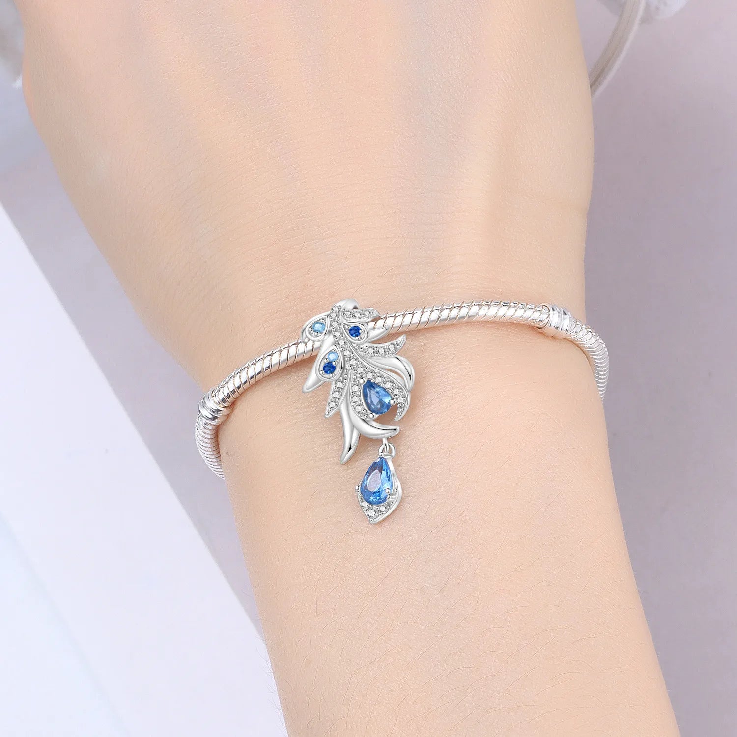 PANPOKI 925 Sterling Silver Blue Feather Lucky Symbol Beads Original Pendants Bracelet Charm Jewelry Party DIY Trendy Gifts