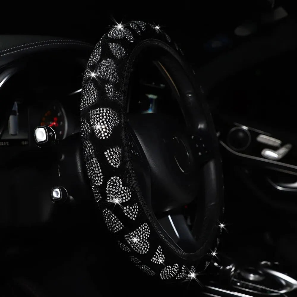 Velvet Studded Faux Diamond Heart Flash Car Accessories without Inner Ring Steering Wheel Cover for 14-15 Inch Women - Madeinsea©