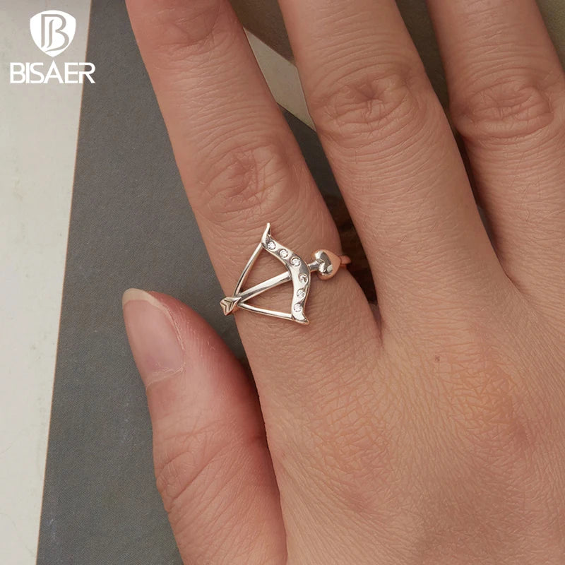 BISAER 925 Sterling Silver Heart Arrow Open Ring Adjustable Eternity Band for Women Engagement Wedding Fine Jewelry ECR1132-E
