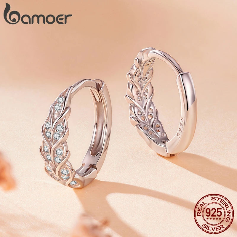 BAMOER 925 Sterling Silver Wheat Hoop Earrings for Women, Full Zircons Feather Shape Earrings Lightweight Shining Jewelry Gift