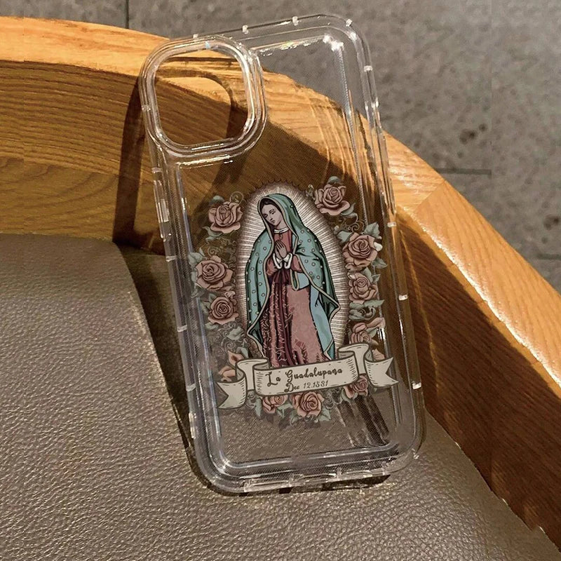 Soft Phone Case For iPhone 16 15 14 13 Pro Max 11 12 Mini 8 7 Plus X XR XS SE 2022 Women's Floral Virgin Mary Print Clear Cover