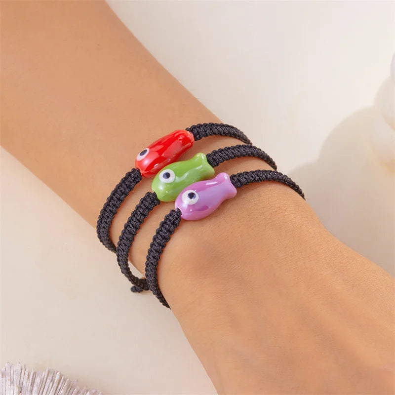 Handwoven Black String Rope Bracelet for Women Colorful Ceramic Fish Adjustable Braided Bracelets Bohemian Friendship Jewelry