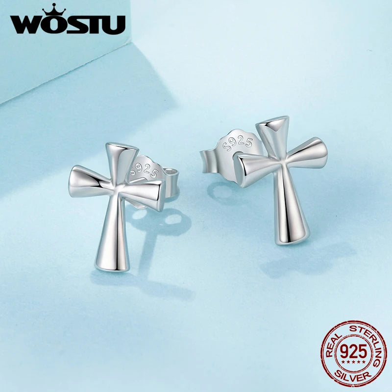 WOSTU Solid 925 Sterling Silver Simple Cross Stud Earrings For Women, Daily Wear Guard Ankh Egyptian Ear Studs Jewelry Gift