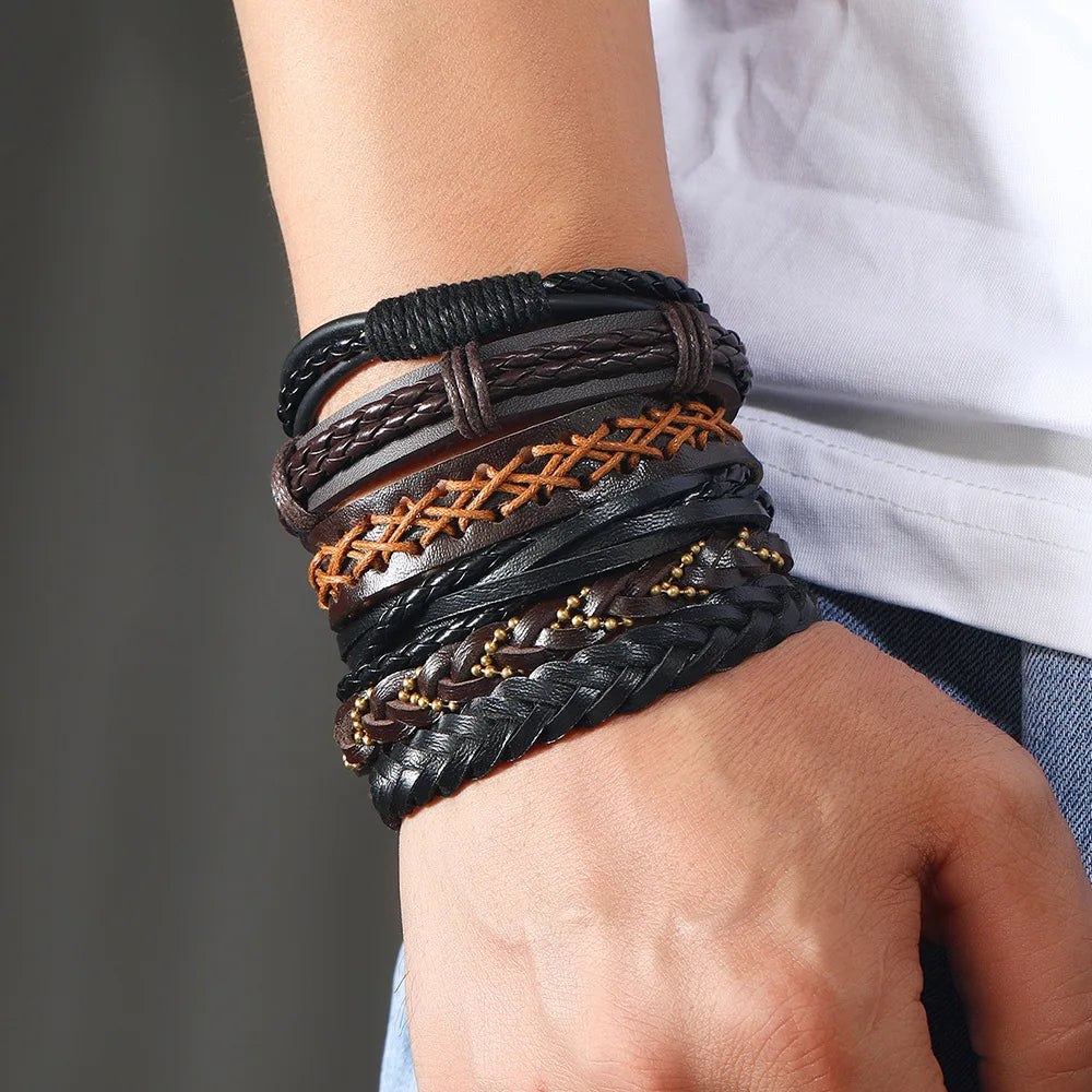 4Pcs/ Set Braided Wrap Leather Bracelets for Men Vintage Life Tree Rudder Charm Wood Beads Ethnic Tribal Wristband Rope Bracelet