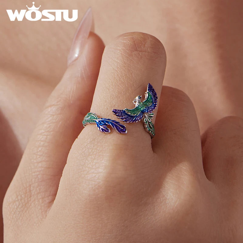 WOSTU 925 Sterling Silver Unique Phoenix Open Ring For Women, Original Luxury Animal Justable Rings Xmas New Year Jewelry Gift