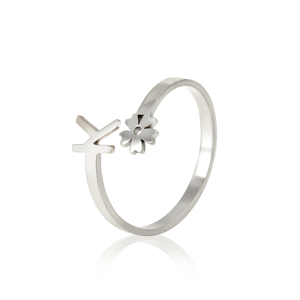 Stainless Steel Flower 26 Alphabet Open Ring for Women A-Z Initial Name Ring 2022 New Fashion Jewelry for Birthday Gift