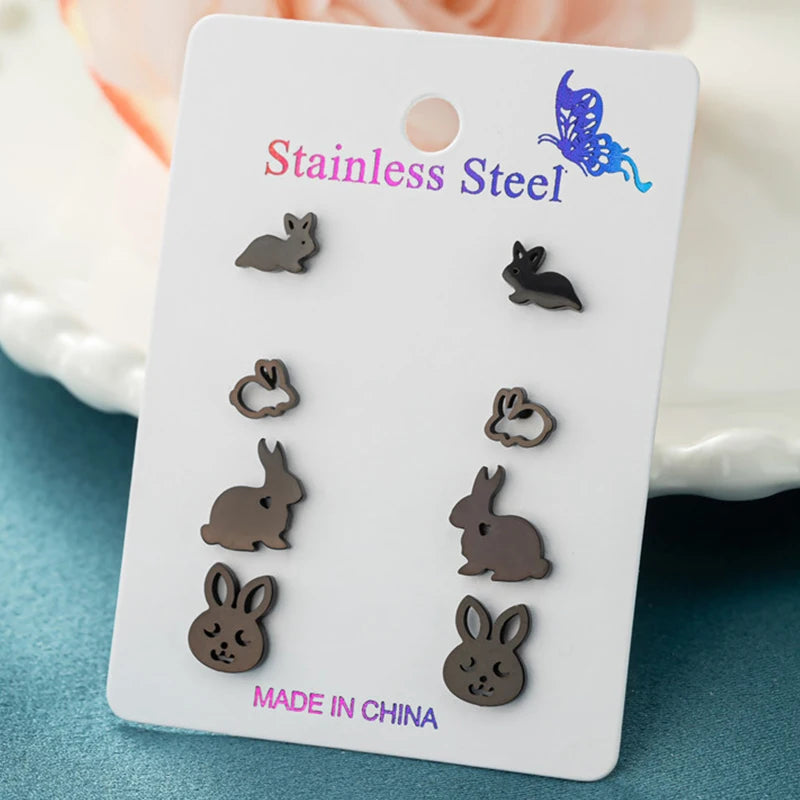 4Pairs/Lot Tiny Rabbit Earrings Women Cute Stainless Steel Bunny Stud Earring Sets for Girls Fashion Animal Ear Studs Birthday