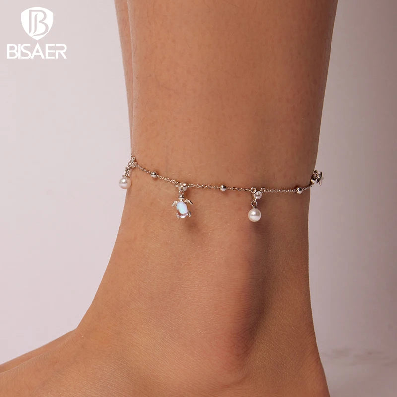 BISAER 100% 925 Sterling Silver Turtle Anklets Starfish Shell Beads Chain Anklet For Women Party Fine Jewelry Holiday Gift
