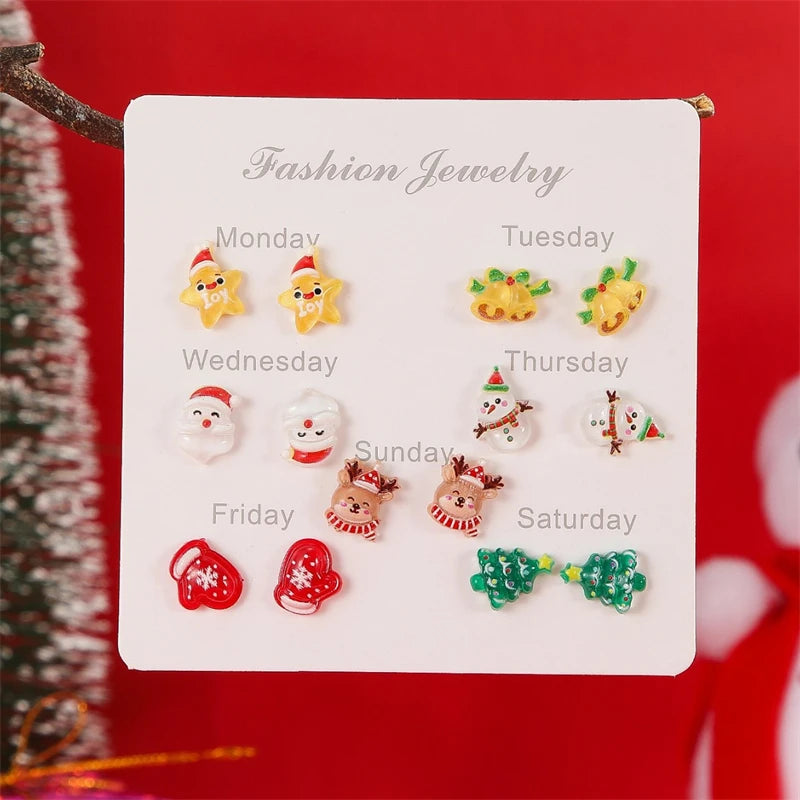 6-12 Pair Christmas Earrings For Women Xmas Tree Elk Snowman Santa Claus Snowflake Stud Earring Set New Year Party Jewelry Gift
