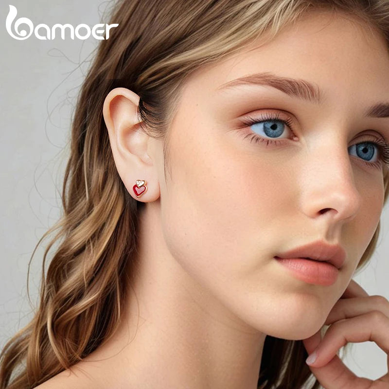 BAMOER 925 Sterling Silver Angela Red Double Heart Stud Earrings Bowknot Cross Earrings for Women Teens Cute Huggies Jewelry
