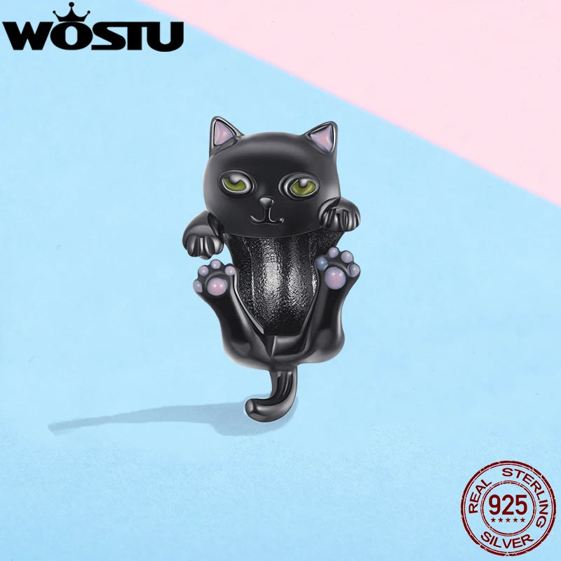 WOSTU 100% 925 Sterling Silver Cute Kitty Black Cat Charms Animal Bead for Women Fit Original DIY Bracelet Necklace Jewelry Gift