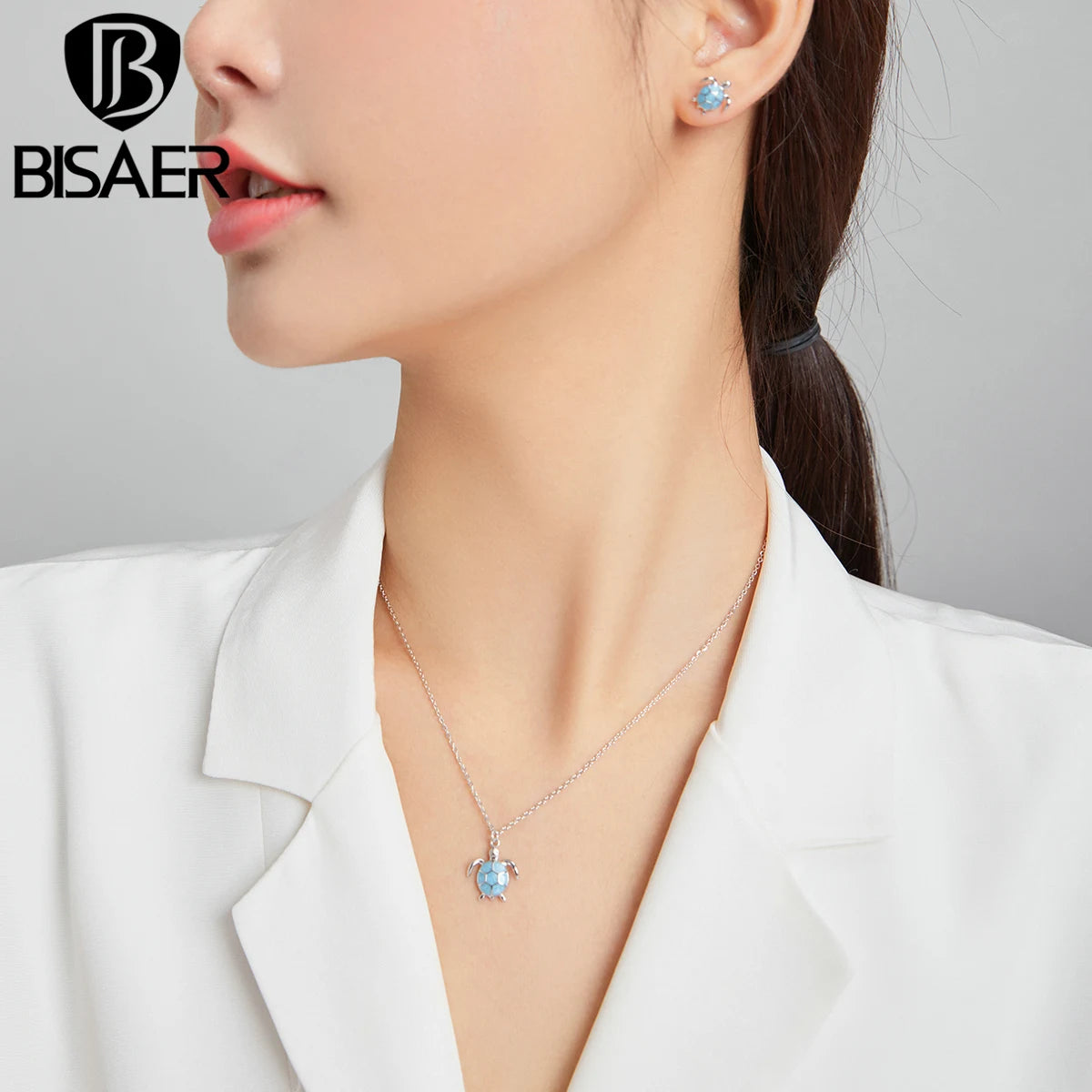 BISAER 100% 925 Sterling Silver Turtle Jewelry Set Necklace Earrings Plated Platinum For Women Beach Party Fine Jewelry Gift
