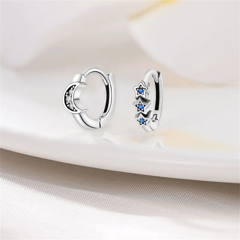 Original Cute 925 Silver Sparkling Colorful Zircon Pink Heart Shape Star Moon Earrings For Women Wedding Engagement Jewelry Gift