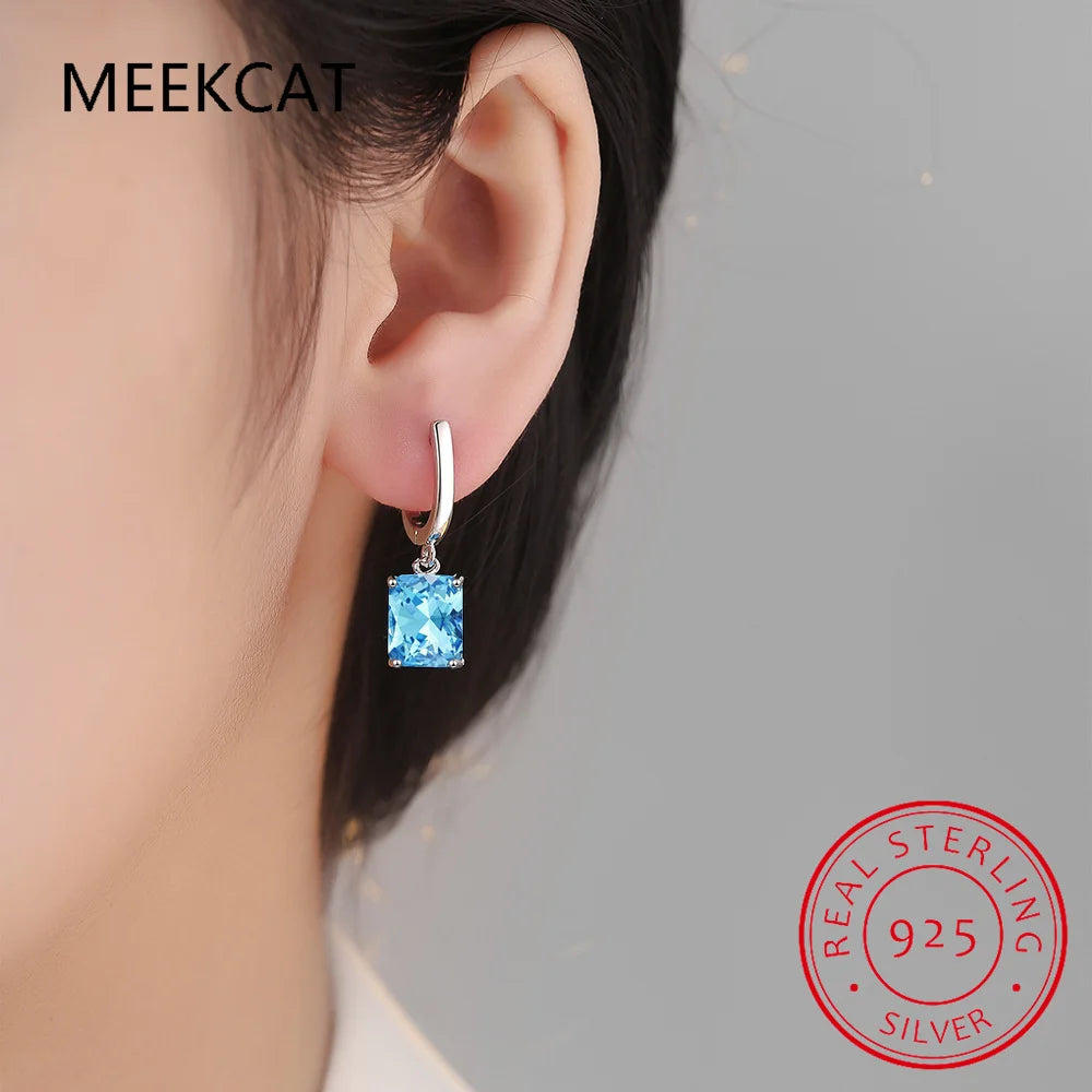 Total 1.73ct Cushion Natural Sky Blue Topaz Dangle Drop Earrings 925 Sterling Silver for Women Gemstone Fine Daily Jewelry
