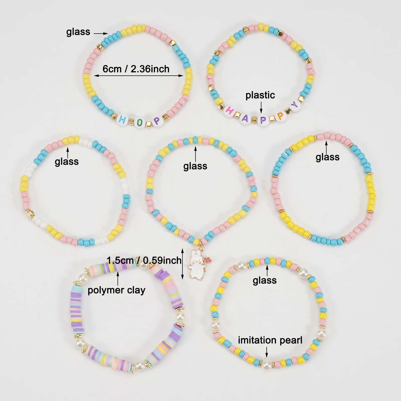 Ensemble de bracelets de Pâques colorés, empilables, en argile, extensibles, perles, style bohème, disques en vinyle, pour femmes