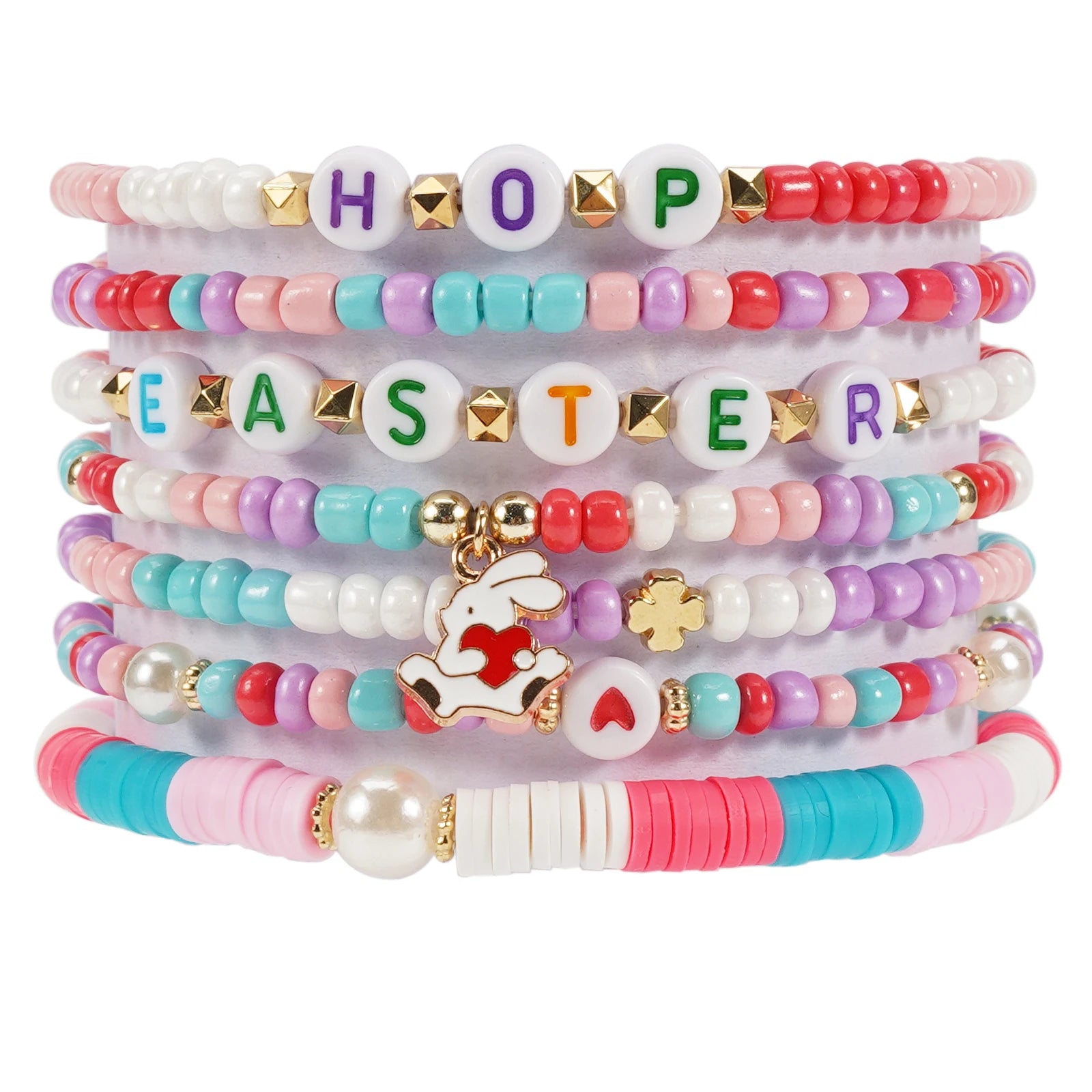 Ensemble de bracelets de Pâques colorés, empilables, en argile, extensibles, perles, style bohème, disques en vinyle, pour femmes