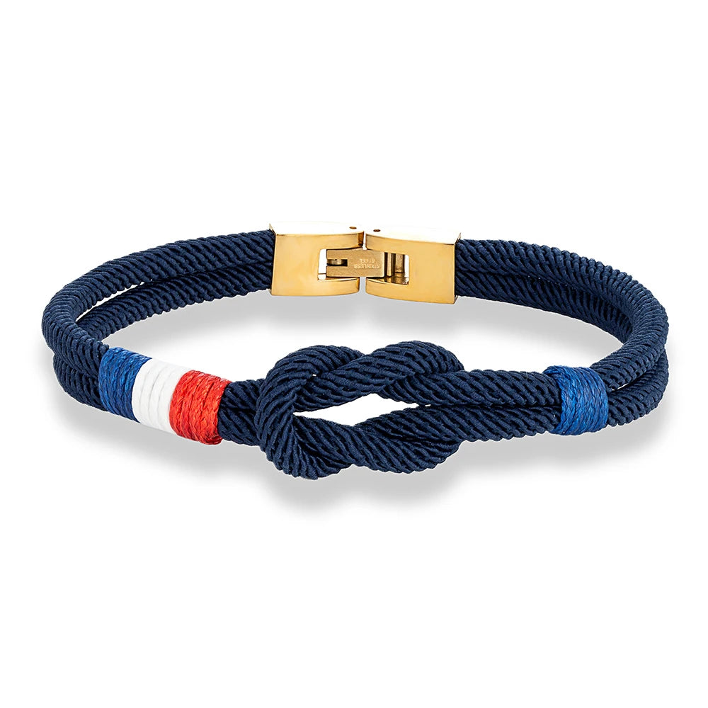 MKENDN Gold Plated Stainless Steel Square Knot Rope Bracelet Men Women Handmade Woven Double-Layer Design France USA Flag Gifts