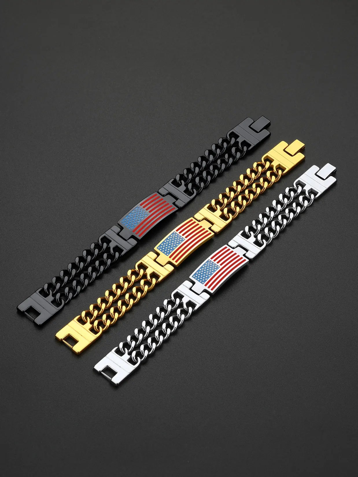 ChainsPro Stainless Steel 17.5mm Wide USA Flag Bracelet Bangle for Man Double Curb Chain 4th of July Independence Day 19 21 23cm