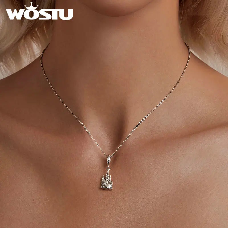 WOSTU 925 Sterling Silver Magic Castle Pendant Dark Purple Beads Fit Original Bracelet for Women DIY Punk Gift Fairy Tale Girls