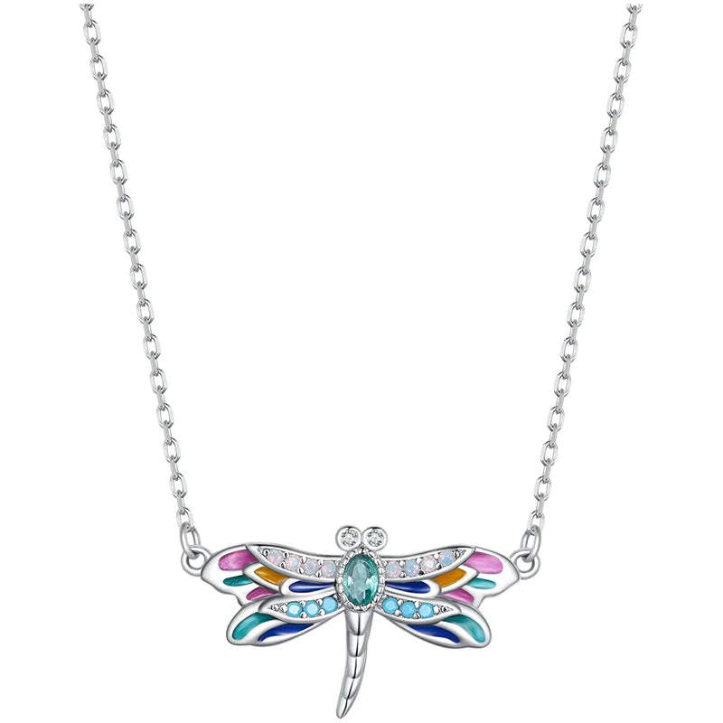 Collier pendentif libellule BISAER en argent sterling 925, plaqué platine et émaillé, bijou raffiné pour femme, idéal pour les fêtes.