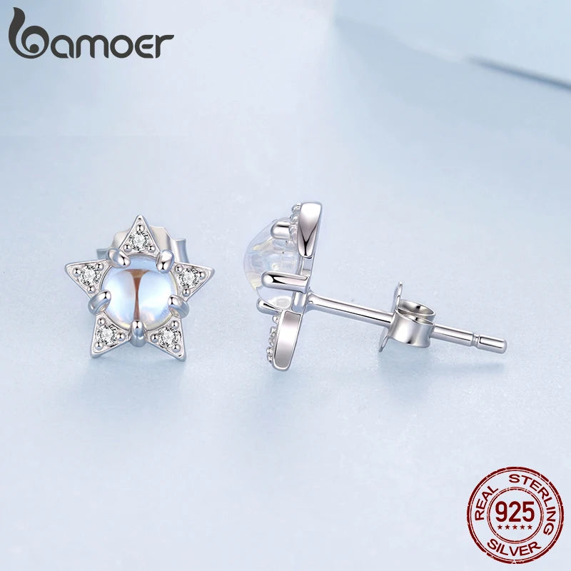BAMOER 925 Sterling Silber Stern- und Mond-Ohrstecker, Zirkonia-Mondstein-Ohrstecker für Damen, funkelndes Weihnachtsgeschenk