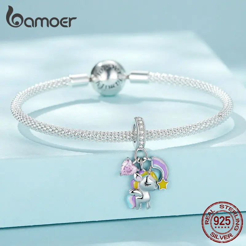 Bamoer 925 Sterling Silber Regenbogen &amp; Einhorn Perle Hübscher Pferdeanhänger Charm für Damen Original Halskette Armband SCC2468