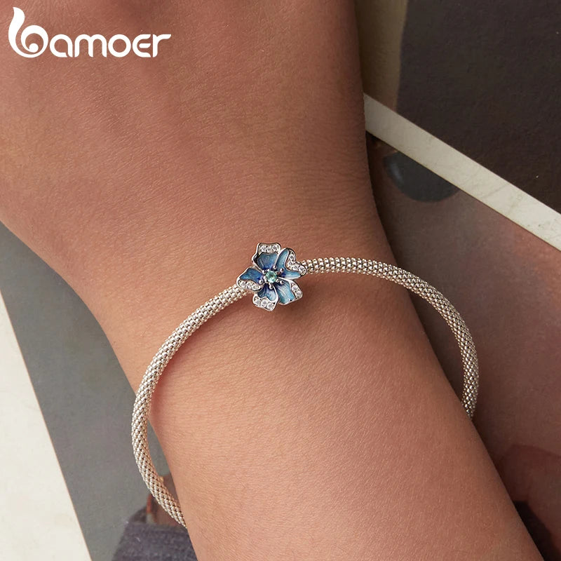 BAMOER Solid 925 Sterling Silver Flower Silicone Charm Pendant fit Original Bracelet DIY Jewelry Accessories bamoer Beads
