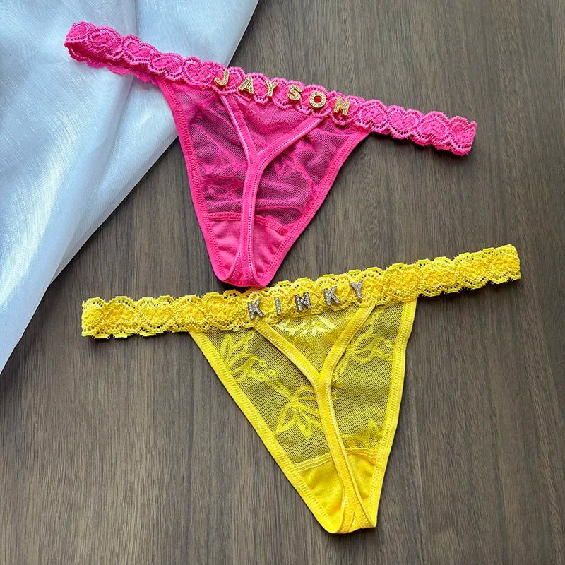 Personality Custom Name Crystal Letter Thong Lace Bikini Panties G-String Low Waist Briefs Sexy Body Jewelry for Hot Wife Gift - Madeinsea©