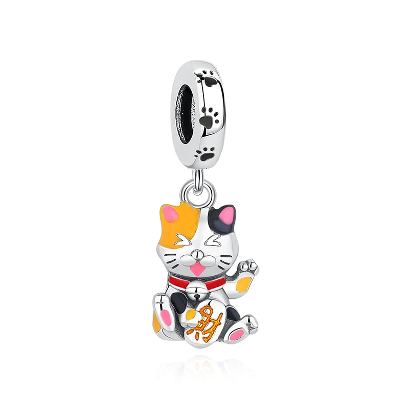 925 Sterling Silver Charms Beads Original Japanese Doll Fortune Cat Charm Fit Brand Bracelets Bangles DIY Jewelry For Women