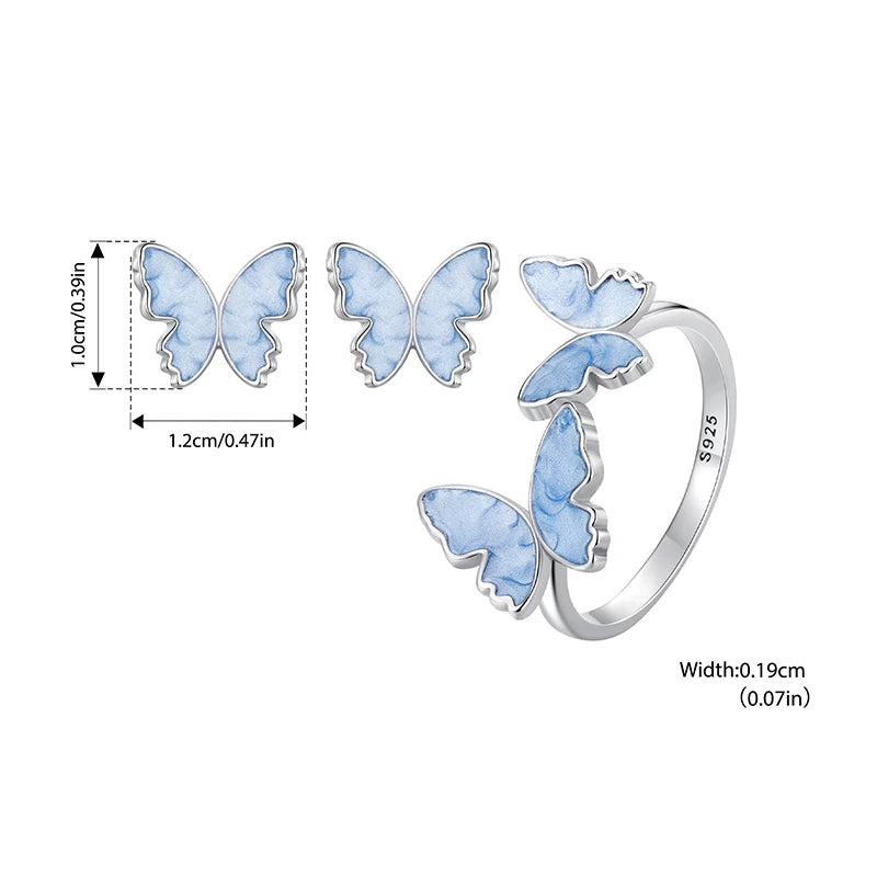 BISAER Real 925 Sterling Silver Butterfly Jewelry Set Bule Enamel Process Stud Earrings Open Ring For Women Party Fine Jewelry